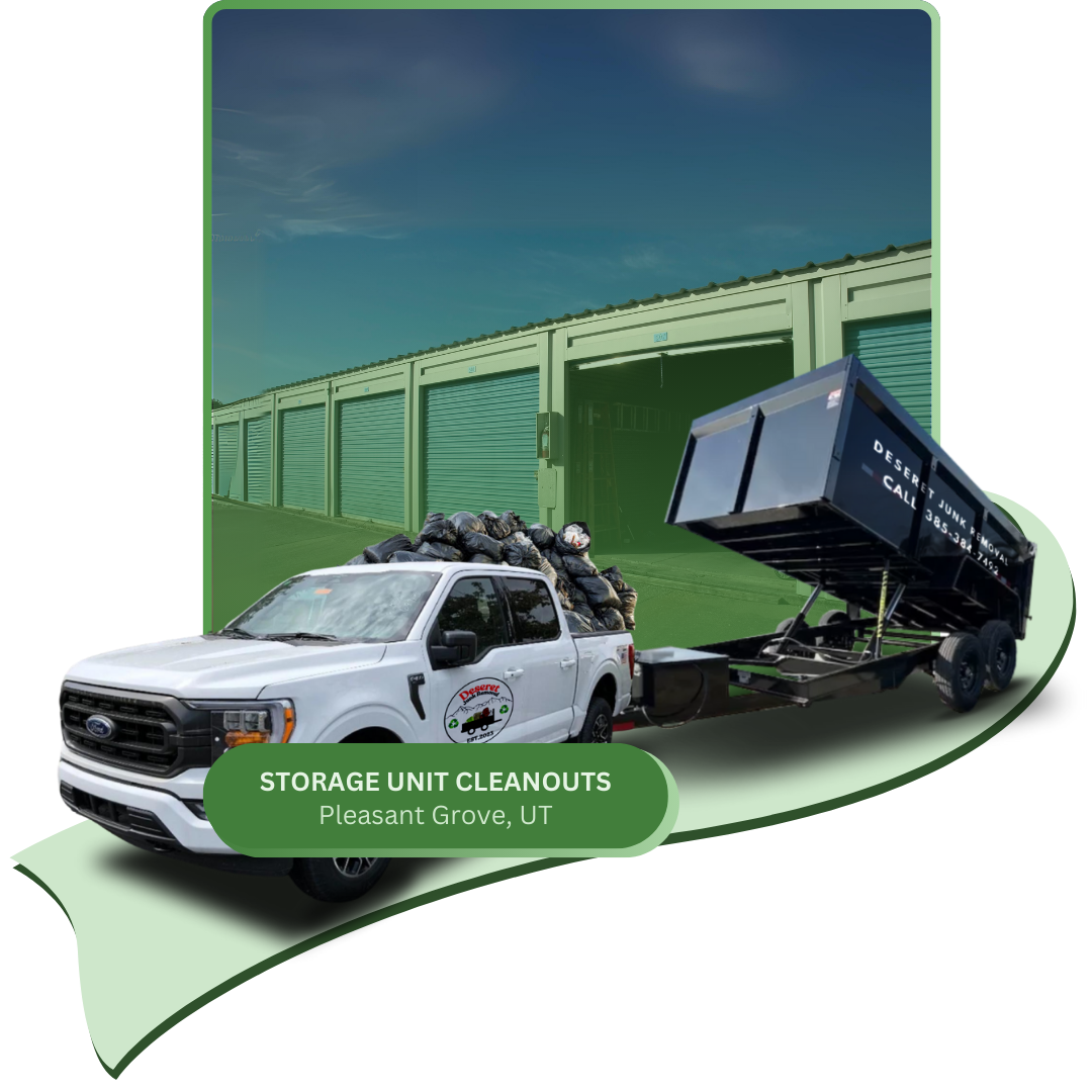A Deseret junk removal pick-up car with black junk trailer in front of a storage unit building.