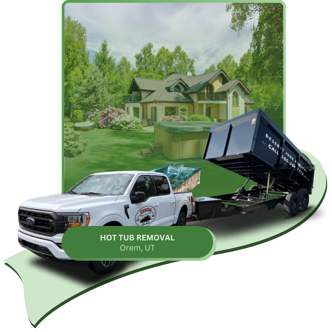 A Deseret junk removal pick-up car filled with old hot tub and with black junk trailer in front of a commercial building.