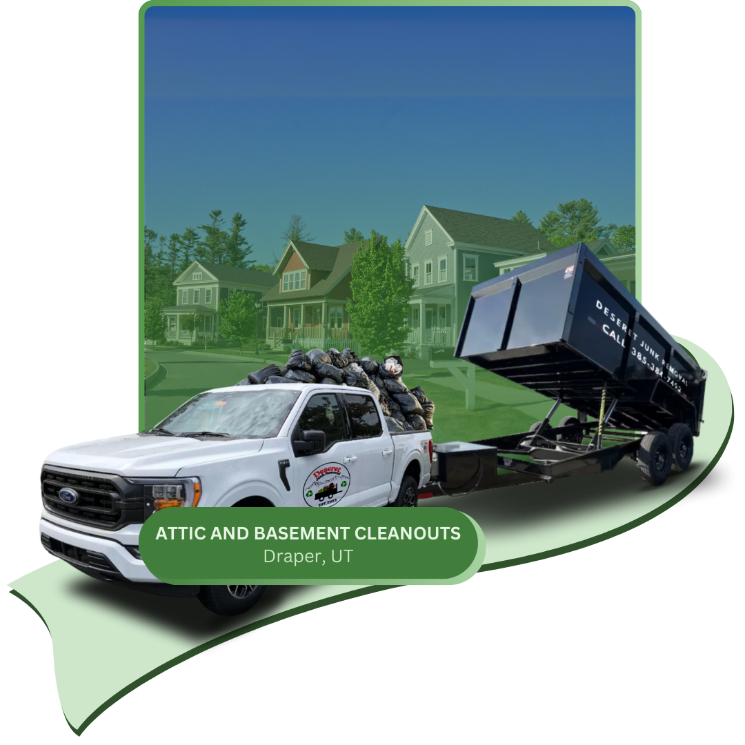 A Deseret Junk trailer filled with garbage is parked in front of a house