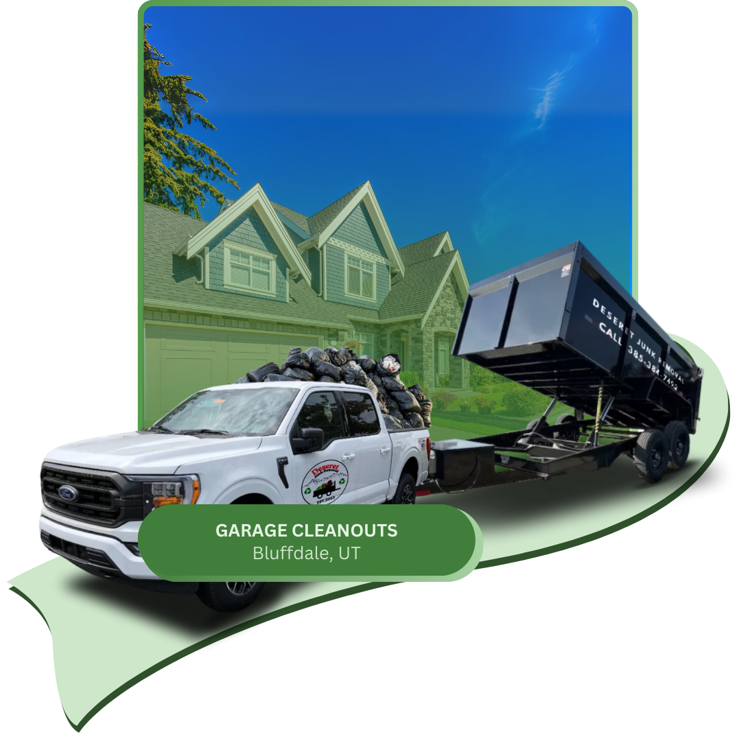A Deseret junk removal pick-up car with black junk trailer in front of a commercial building.