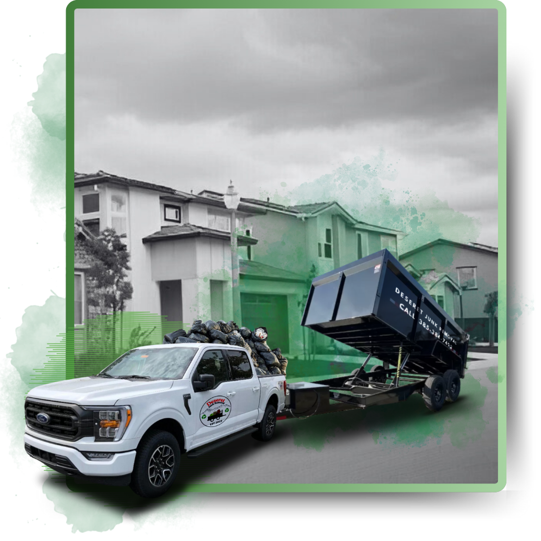 A Deseret Junk trailer filled with garbage is parked in front of a house