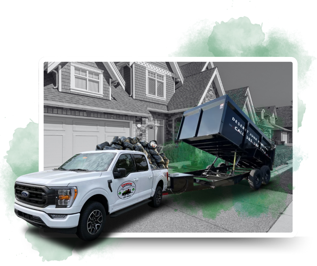 A Deseret Junk trailer filled with garbage is parked in front of a house