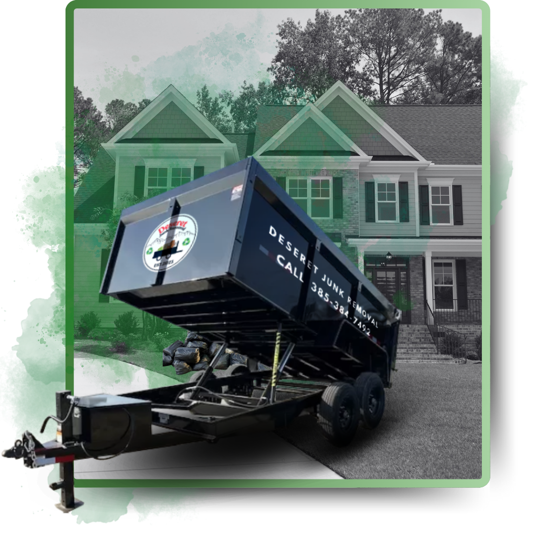 A Deseret junk trailer with its logo and contact number.