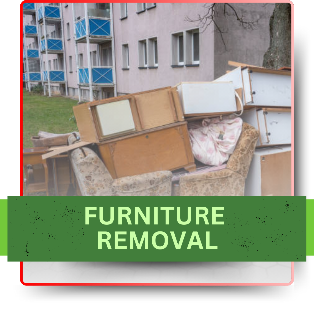 A pile of thrown away furniture in front of the houses, with green banner and texts in the foreground