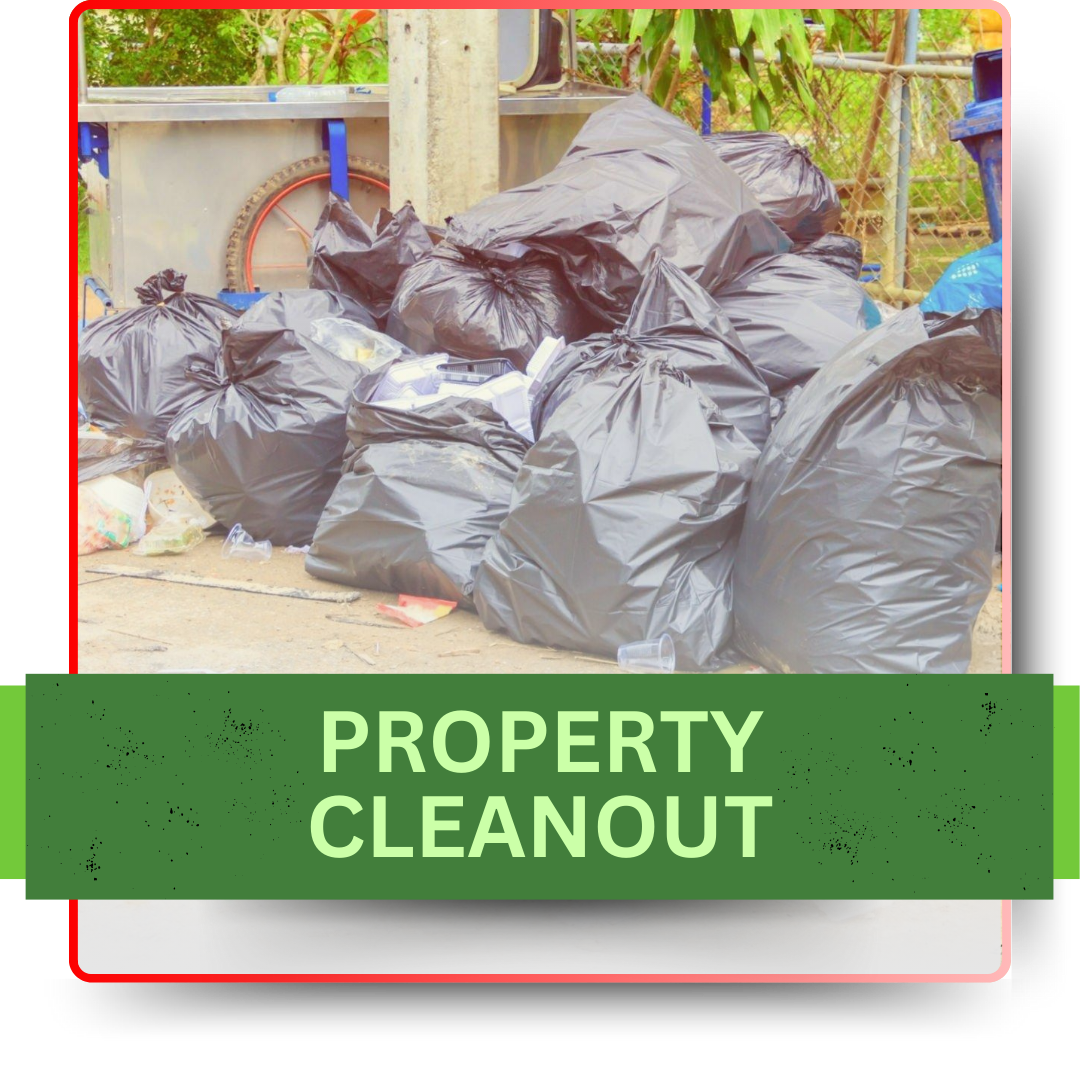 A pile of thrown garbage with green banner and texts in the foreground.