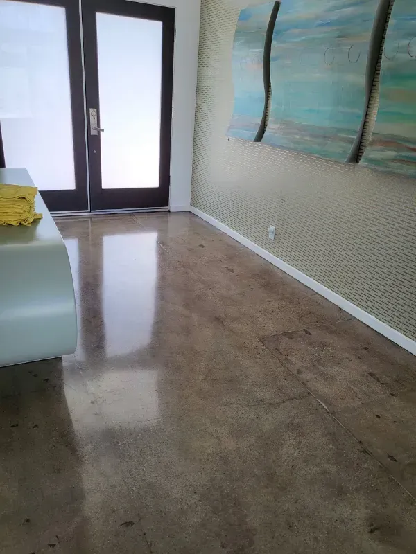 Polished concrete floor in an entryway with glass double doors and a patterned wall featuring blue abstract artwork.