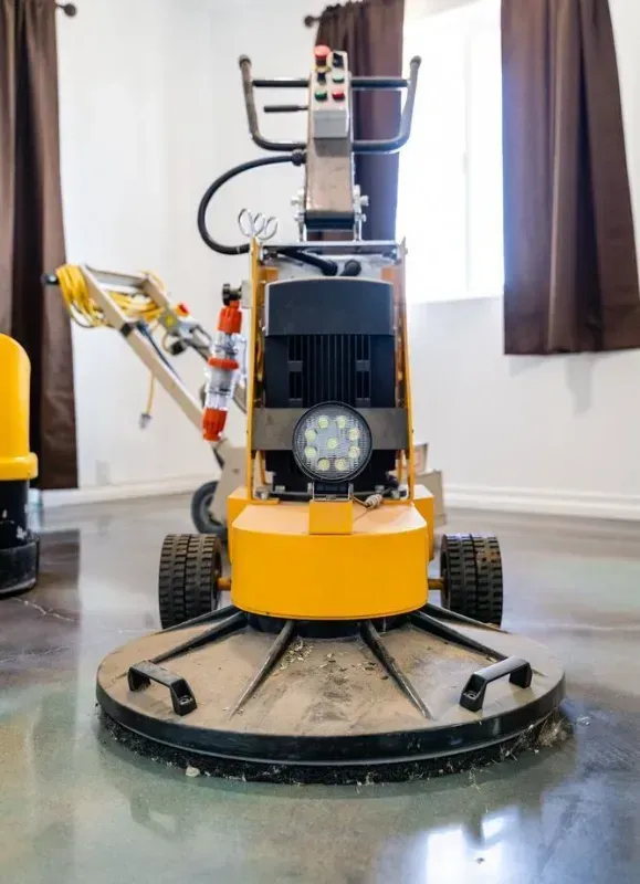 A yellow floor grinder stands on a polished concrete floor in a room with brown curtains and windows in the background.