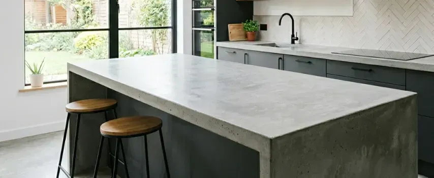 A modern kitchen island with a grey concrete countertop and two wooden stools in a bright room with dark cabinets.