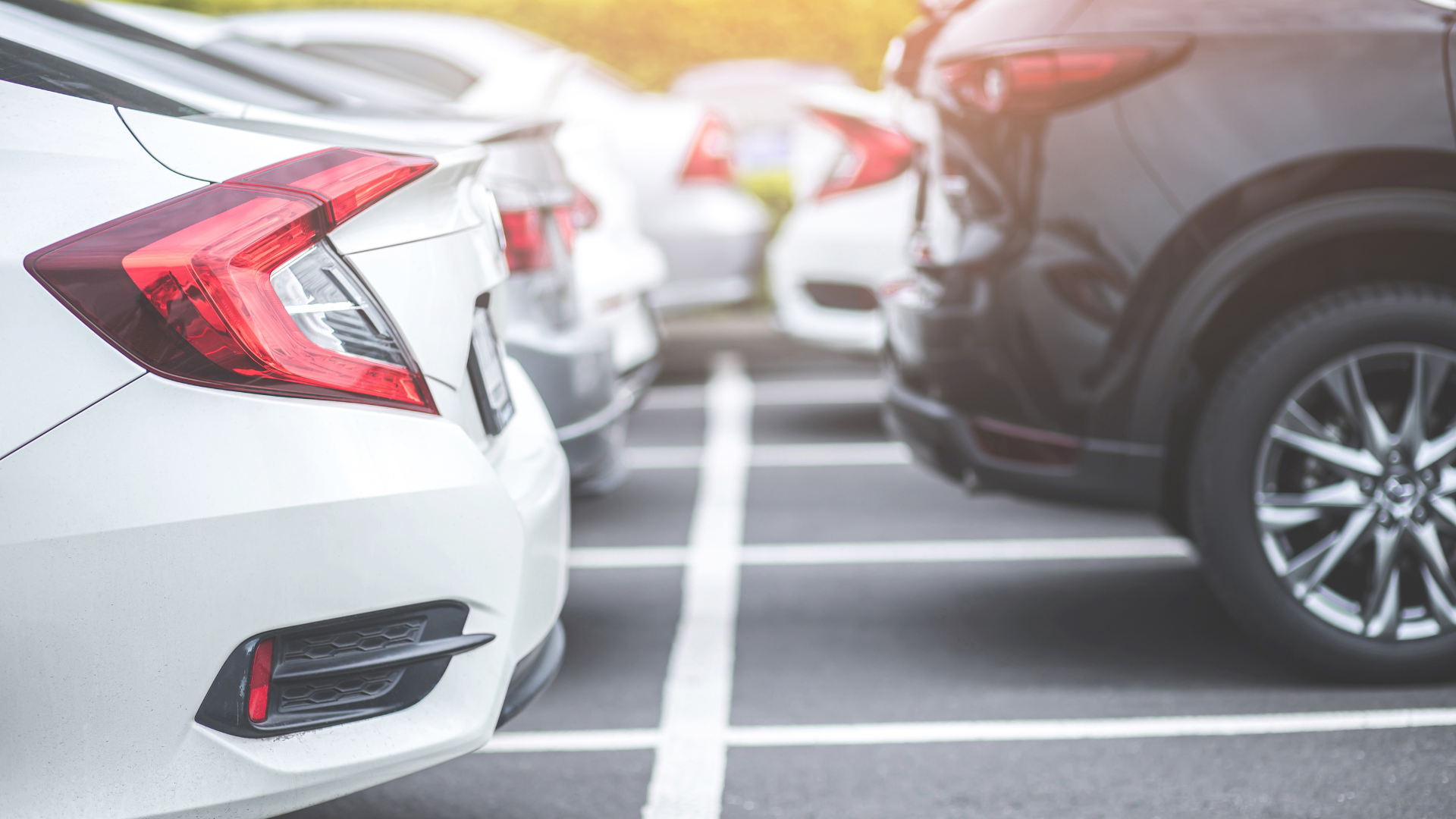 A row of cars are parked in a parking lot.