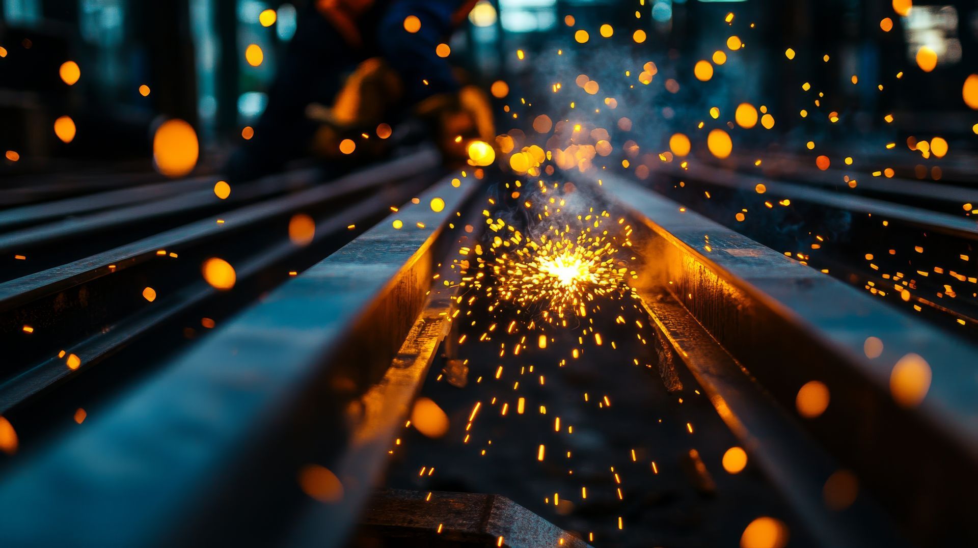 Welding sparks fly as torch cuts through aligned steel beams. Welding sparks fly as torch cuts through aligned steel beams.