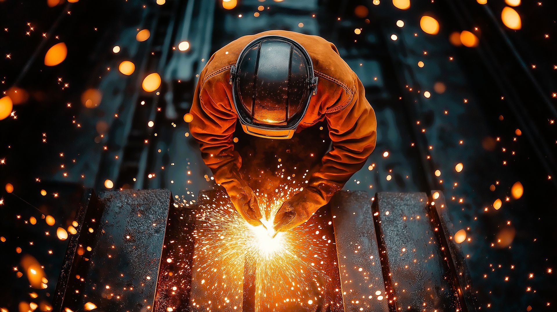 Glowing sparks on steel surface highlight welding work with protective gear. Glowing sparks on steel surface highlight welding work with protective gear.