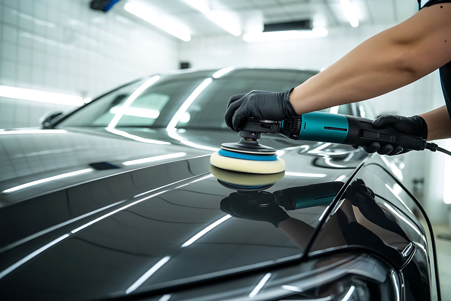 A person sprays black paint on a car's body panel in a paint booth.