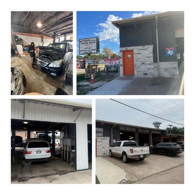 Collage of four auto shop exteriors and interiors with vehicles parked inside and outside | Total Auto Services