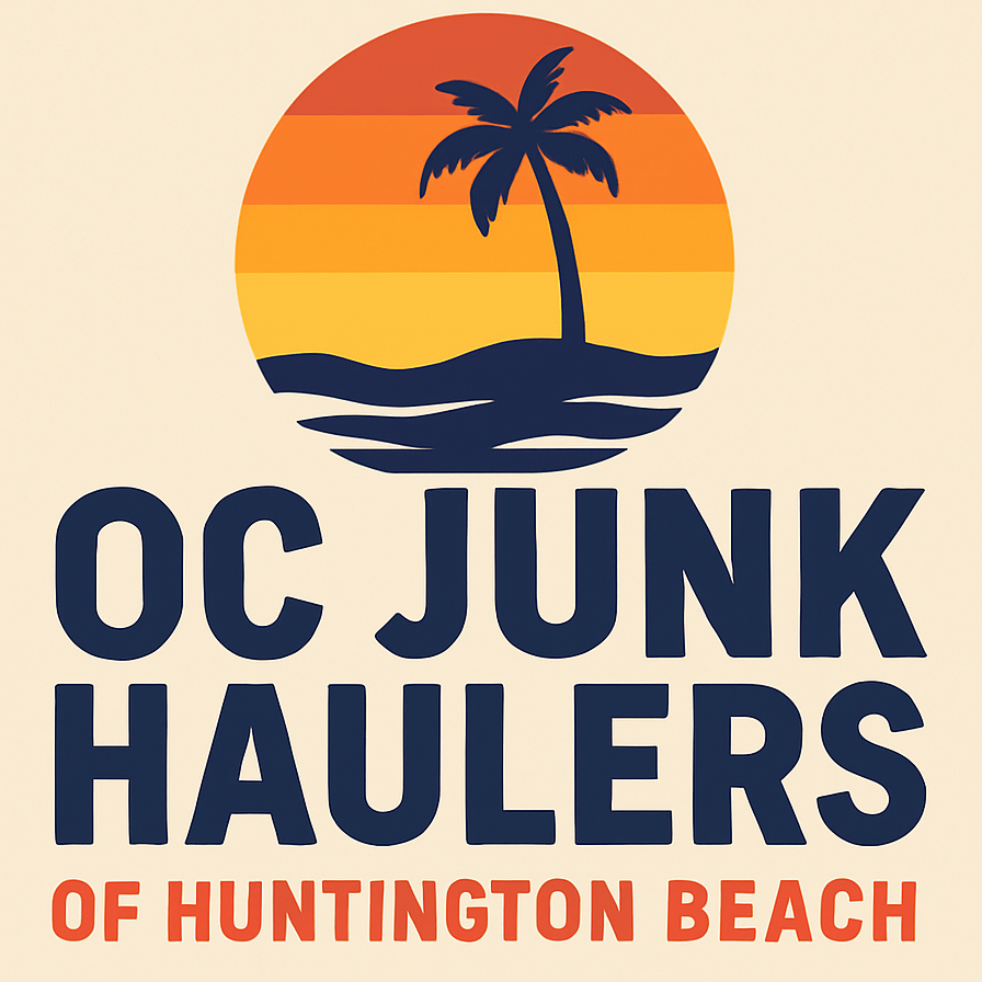 Logo: Orange sunset with palm tree over blue waves, text