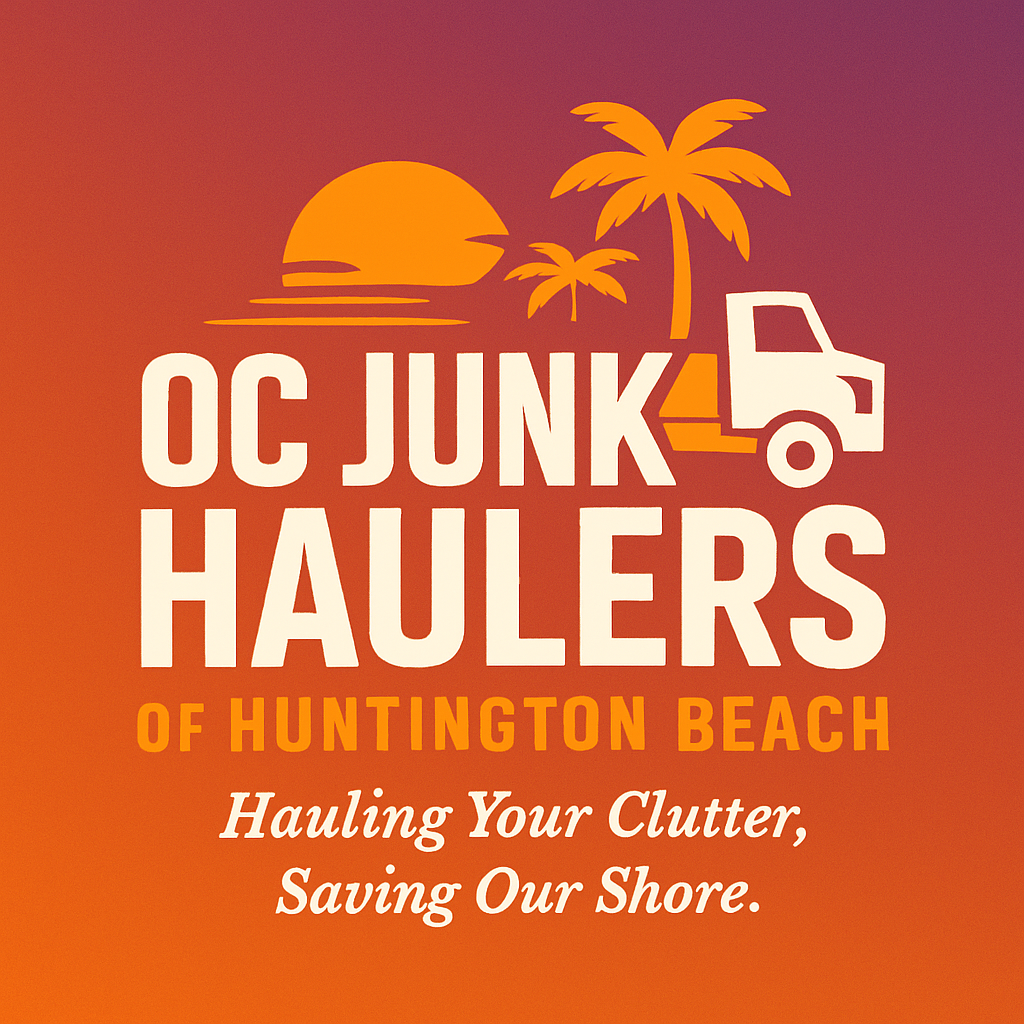 OC Junk Haulers logo: Orange truck, palm trees, and sunset over Huntington Beach.
