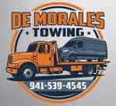 De Morales Towing logo with orange tow truck, blue van, and phone number 941-539-4545
