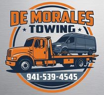 De Morales Towing logo with orange tow truck, blue van, and phone number 941-539-4545