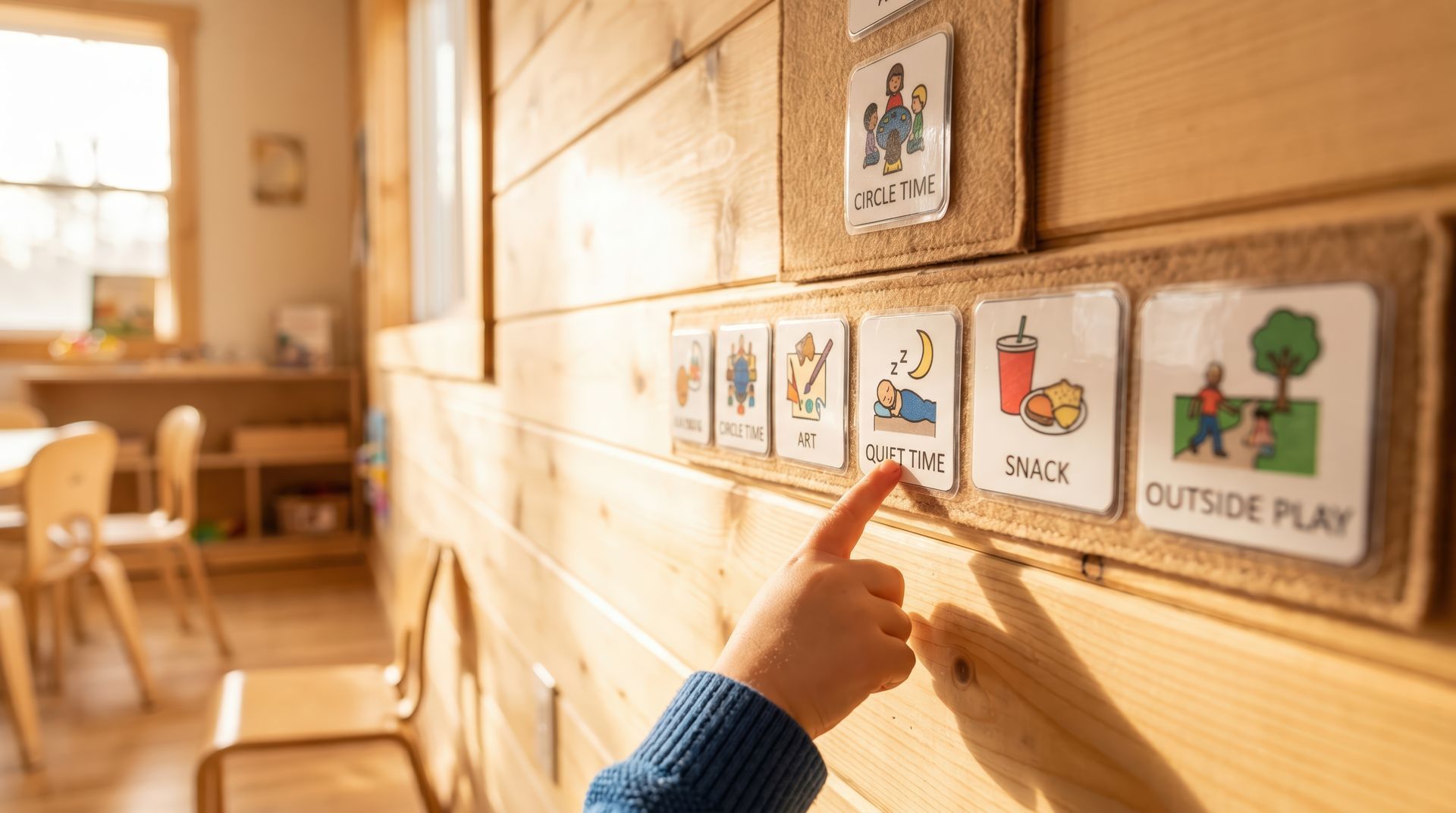 Child pointing at classroom activity cards on a wooden wall in a bright playroom Child pointing at classroom activity cards on a wooden wall in a bright playroom