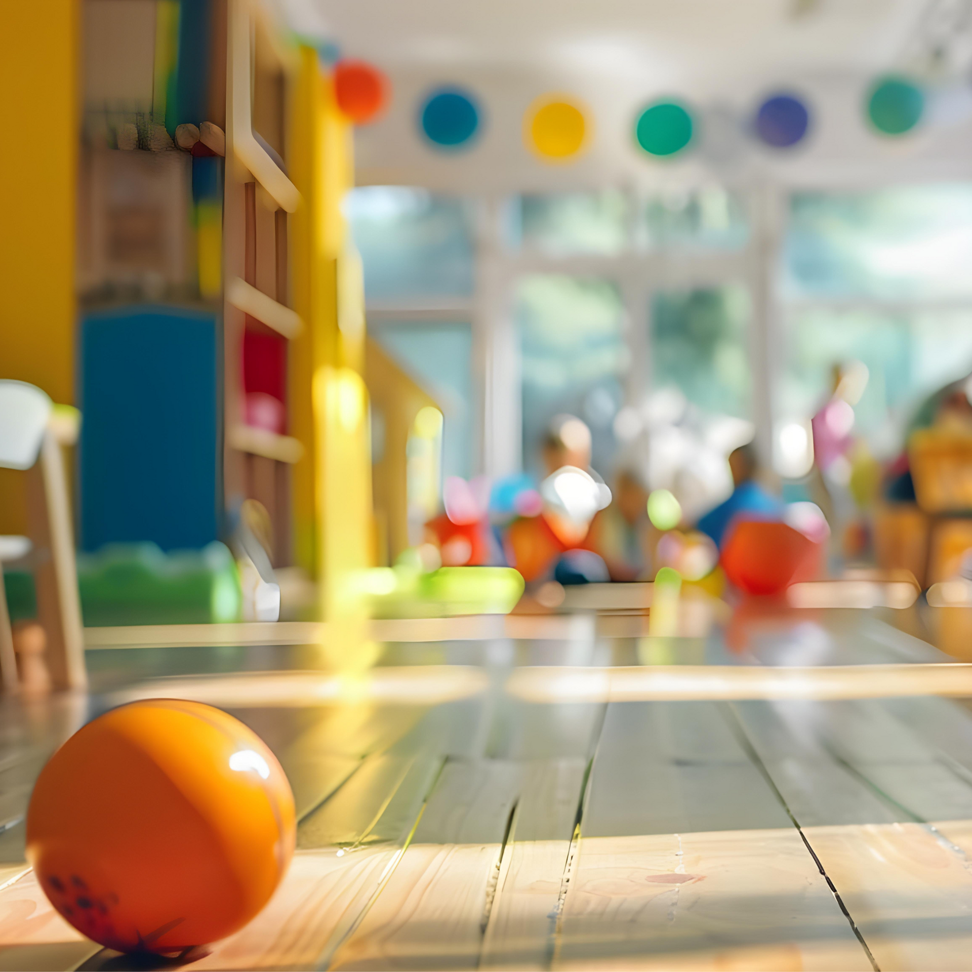 Orange ball on a sunlit classroom floor with colorful toys and shelves in the background Orange ball on a sunlit classroom floor with colorful toys and shelves in the background