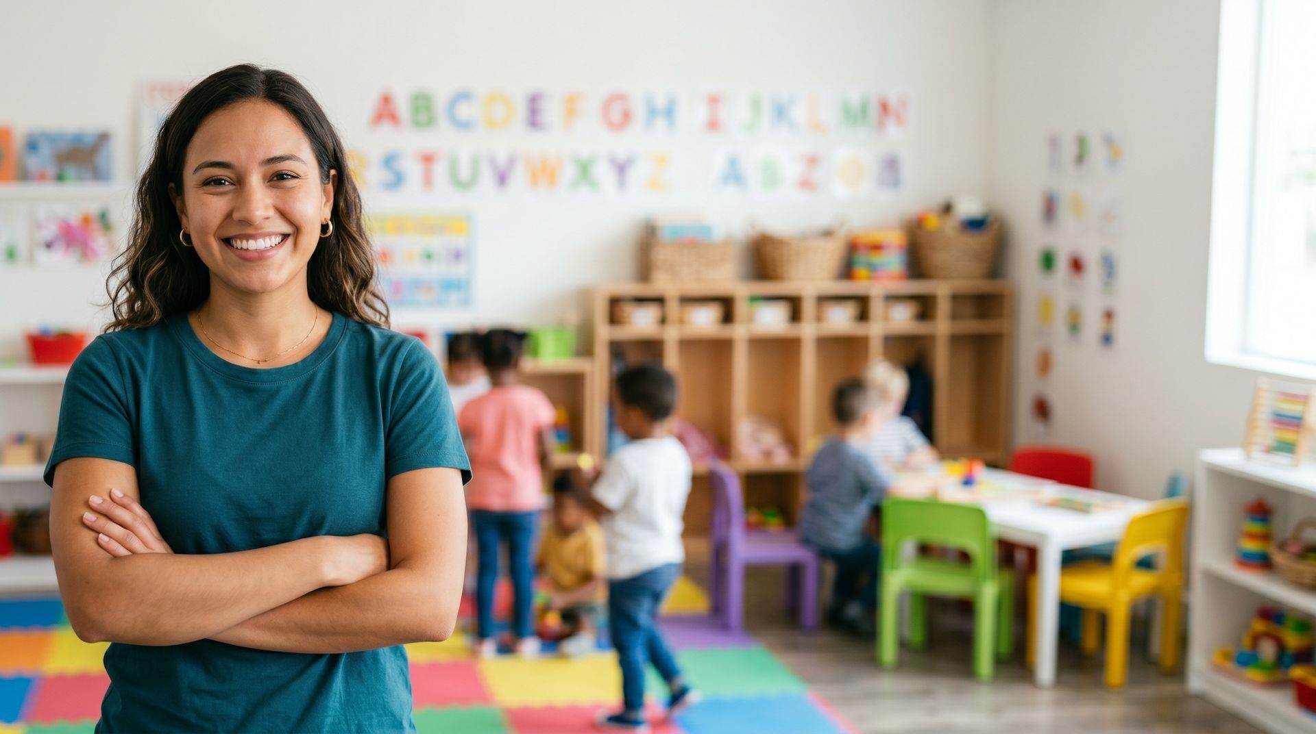 Teacher standing in a colorful classroom with children playing at activity tables. Teacher standing in a colorful classroom with children playing at activity tables.