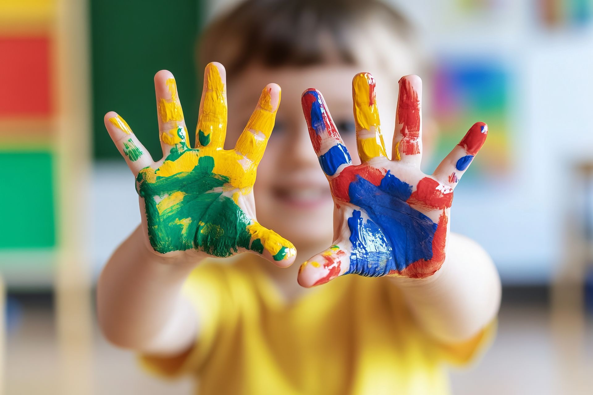 Child showing paint-covered hands with colorful red, blue, green, and yellow paint in a classroom setting Child showing paint-covered hands with colorful red, blue, green, and yellow paint in a classroom setting