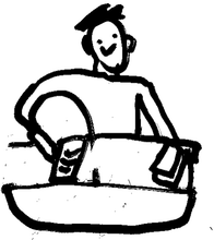 A black and white drawing of a man in a boat