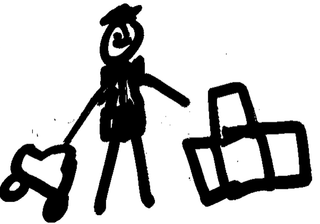 A black and white drawing of a person holding a suitcase with a heart on it.