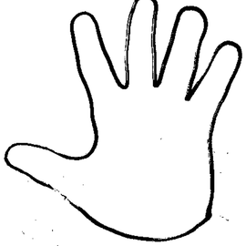 A black and white drawing of a hand on a white background