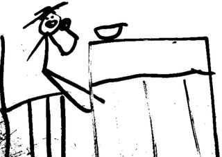 A black and white drawing of a stick figure sitting at a table.