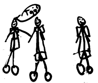 A black and white drawing of three stick figures standing next to each other.