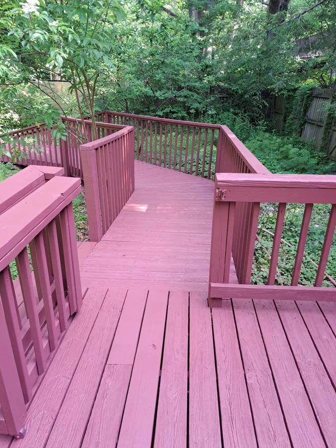 A pink deck with stairs leading up to it surrounded by trees.