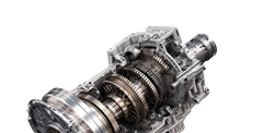 Cutaway view of a metallic car transmission showing gears, shafts, and housing on a white background | Trask Automotive