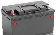Black car battery with red terminals and a top handle, viewed on a white background | Trask Automotive