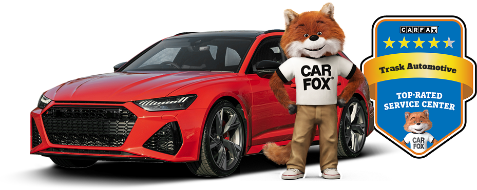 Red sports car beside a fox mascot holding a Car Fox sign and a blue service center badge | Trask AUtomotive