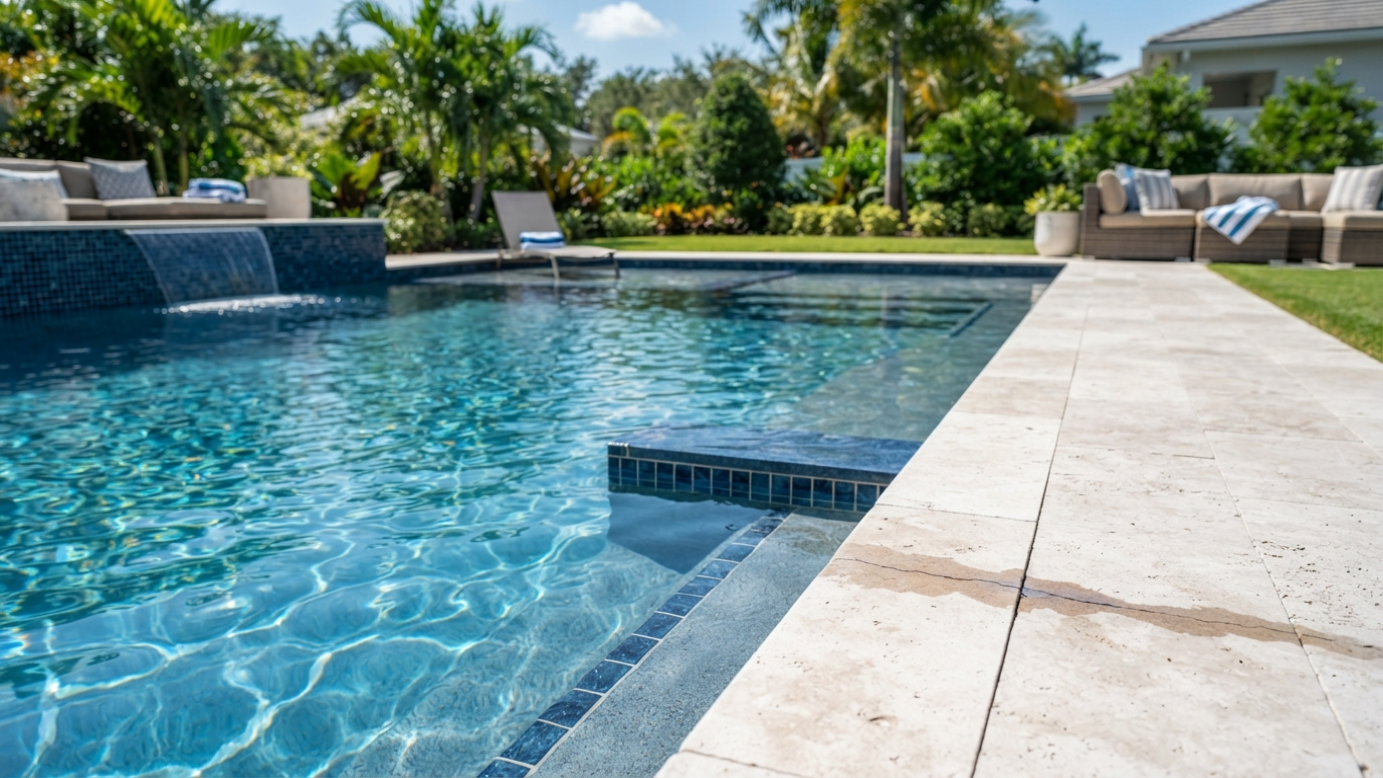 Sunny backyard pool with blue water, stone coping, and tropical landscaping