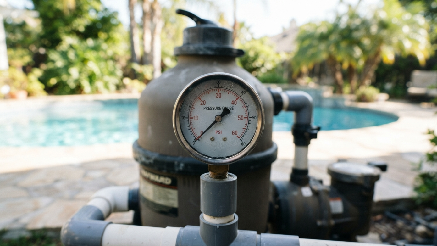 Pressure gauge on pool filtration system with pipes beside a swimming pool, outdoors.