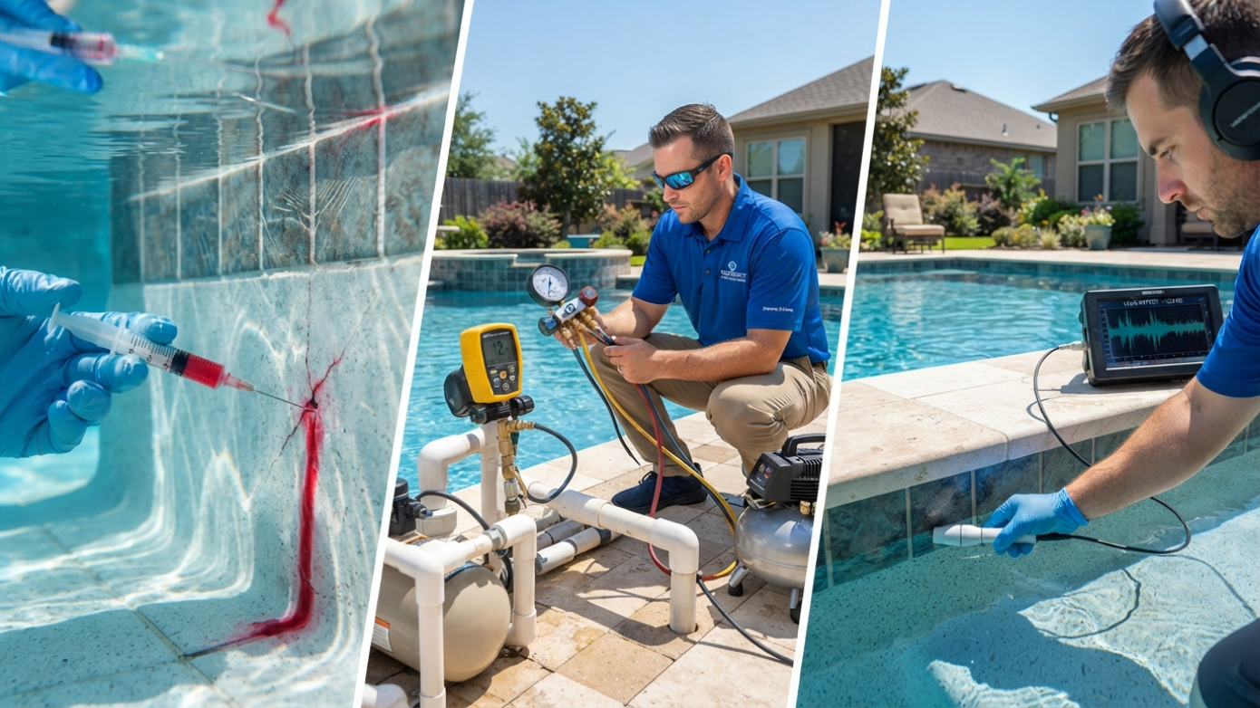 Technician inspecting a swimming pool with a digital meter and skimmer net, checking water quality and surface debris