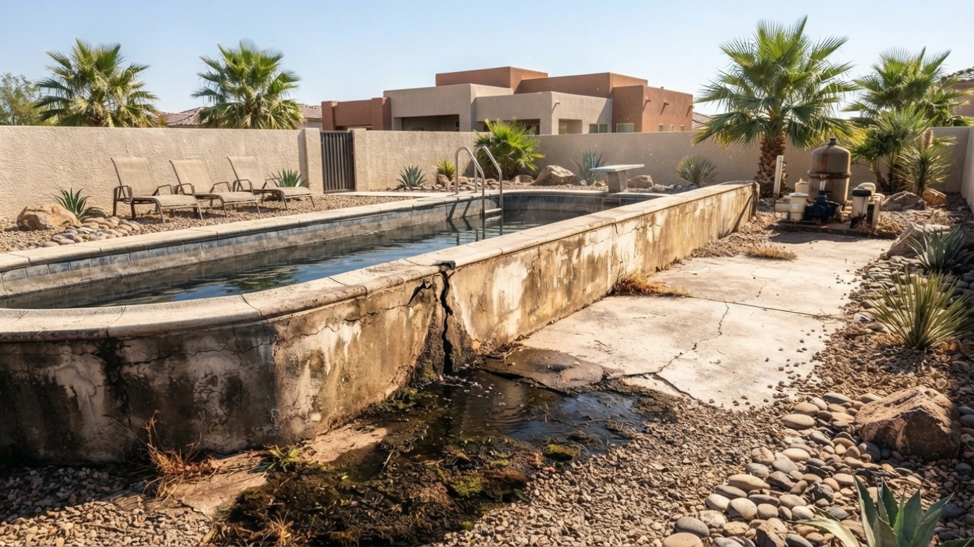 Abandoned concrete water channel in a dry yard with palm trees and a house in the background