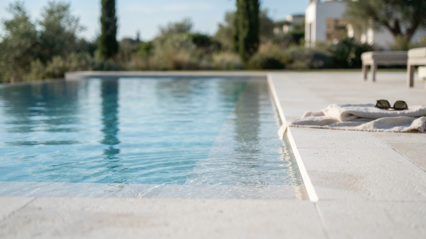 Blue swimming pool beside a white stone deck with pebbles, in a sunny outdoor setting
