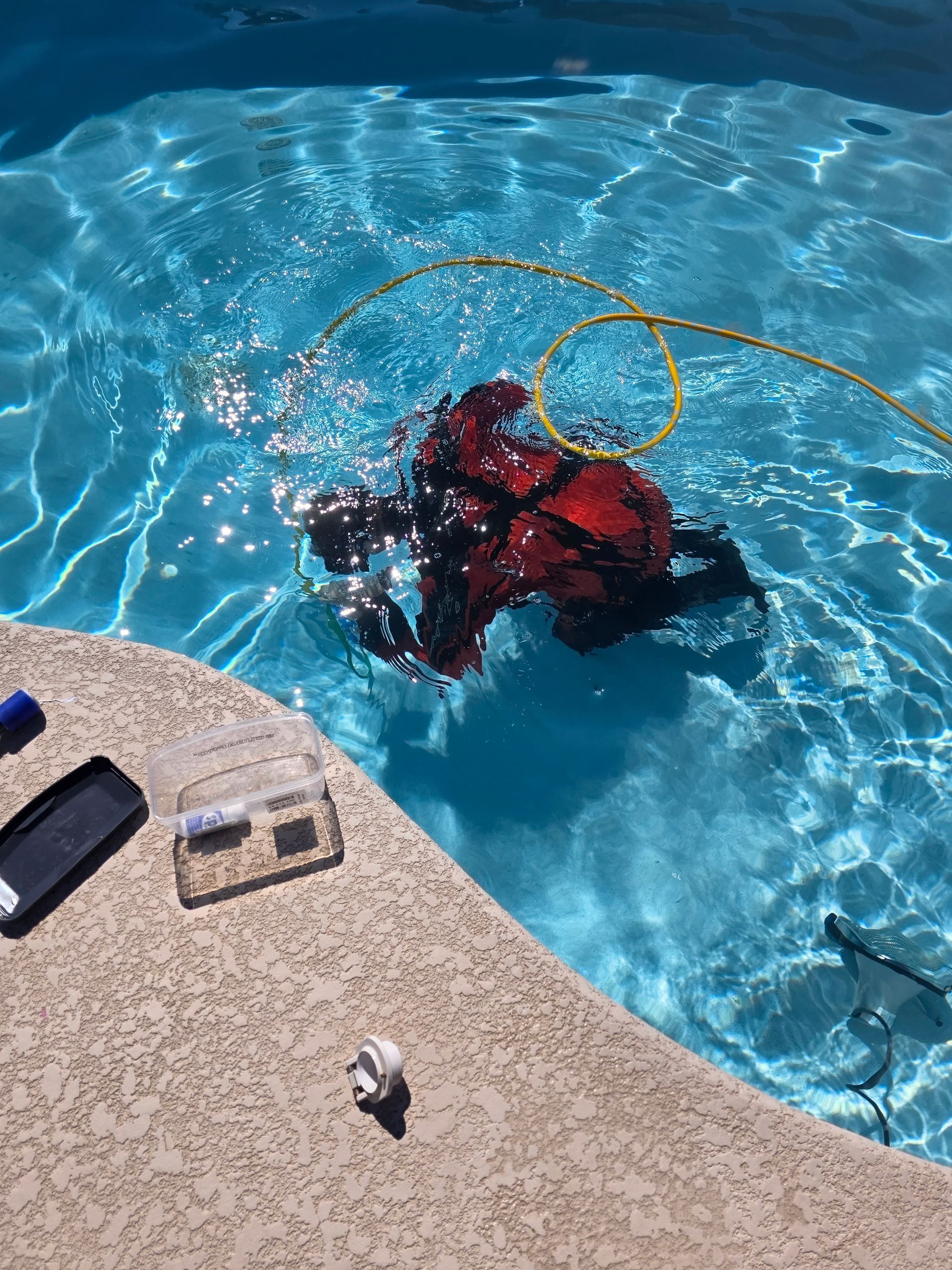 Person in a red life jacket floating in a blue swimming pool near the edge and poolside items.