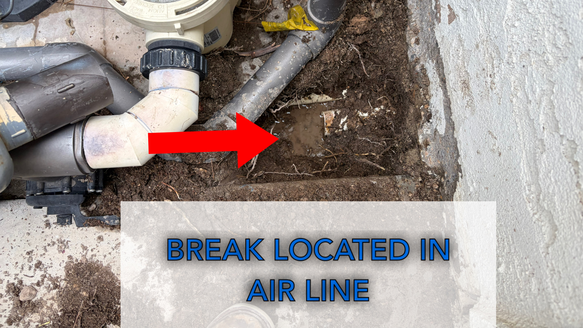 Red arrow points to a break in an air line beside pipes and dirt, with “BREAK LOCATED IN AIR LINE” text, leak found by Hound Dog Leak Detection team