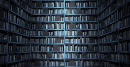 A large, open library-like room with many rows of books on the shelves