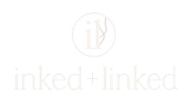 Faint white logo with a circular monogram above the words “inked+linked” on a white background