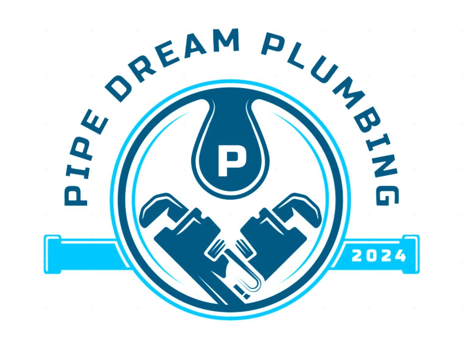Logo for Pipe Dream Plumbing: blue and white design with pipes and a central "P" inside a drop. Includes "2024".
