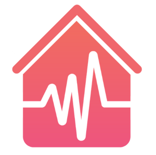 A red house with a white wave inside of it.