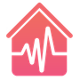 A red house with a white wave inside of it.