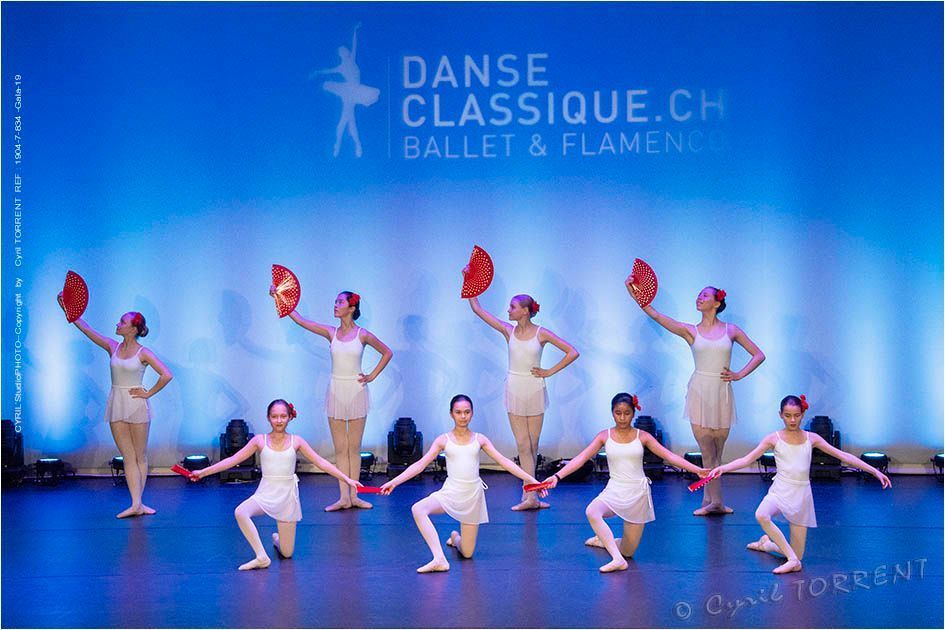 Des danseurs en costumes beiges posent sur un fond de scène bleu pour Danse Classique.ch Ballet & Flamenco.