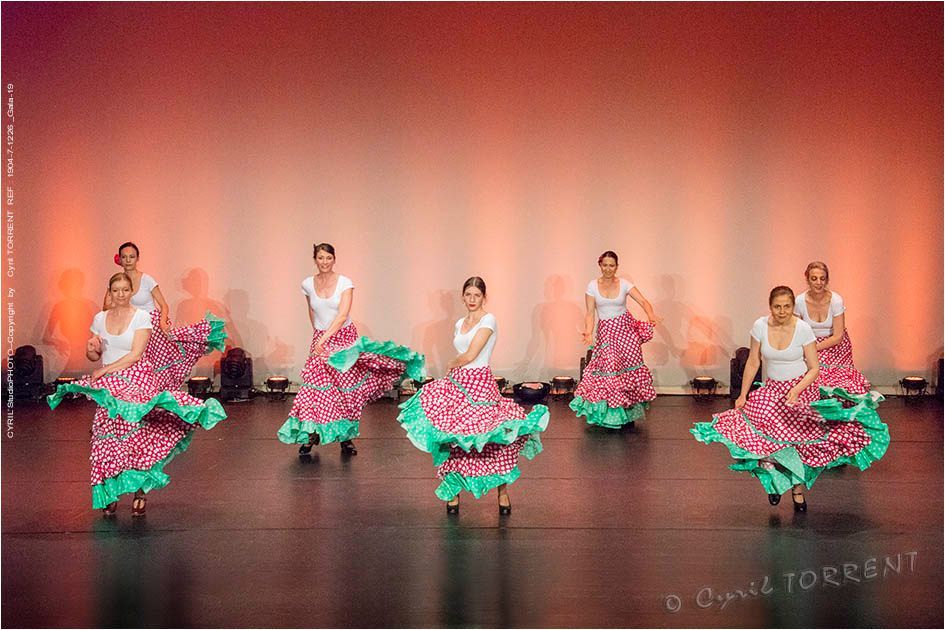 Des danseuses en jupes roses et vertes se produisent sur une scène devant un décor orange chaleureux.