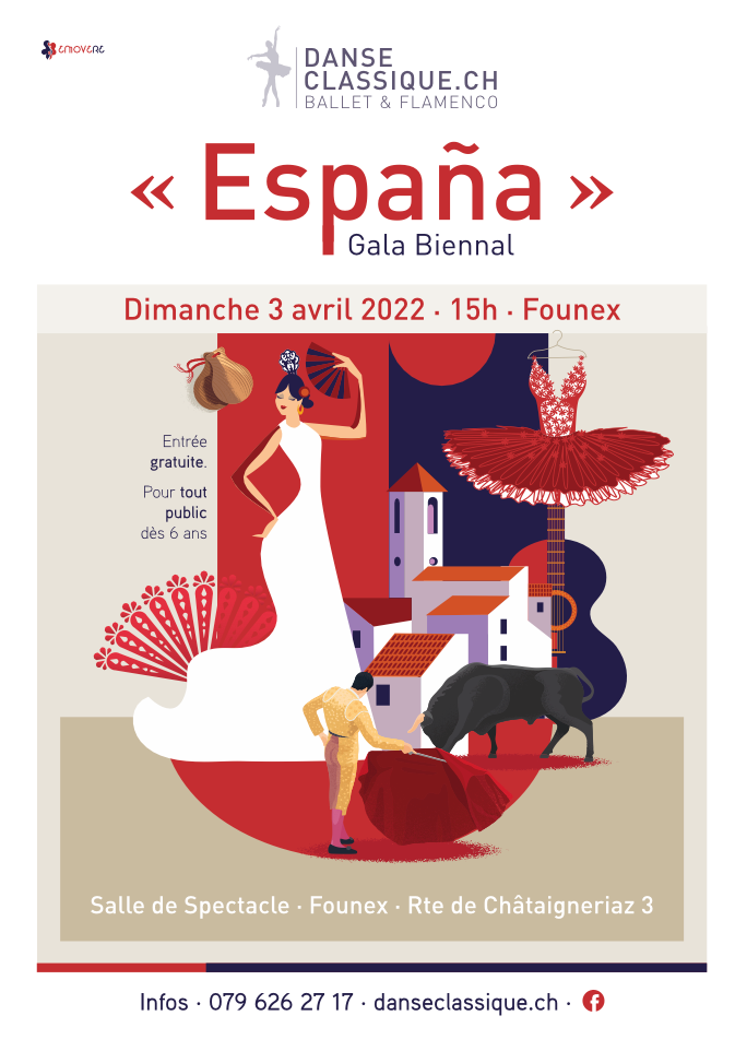Affiche de spectacle de danse « España » avec une danseuse en robe rouge et un taureau noir, fond espagnol.