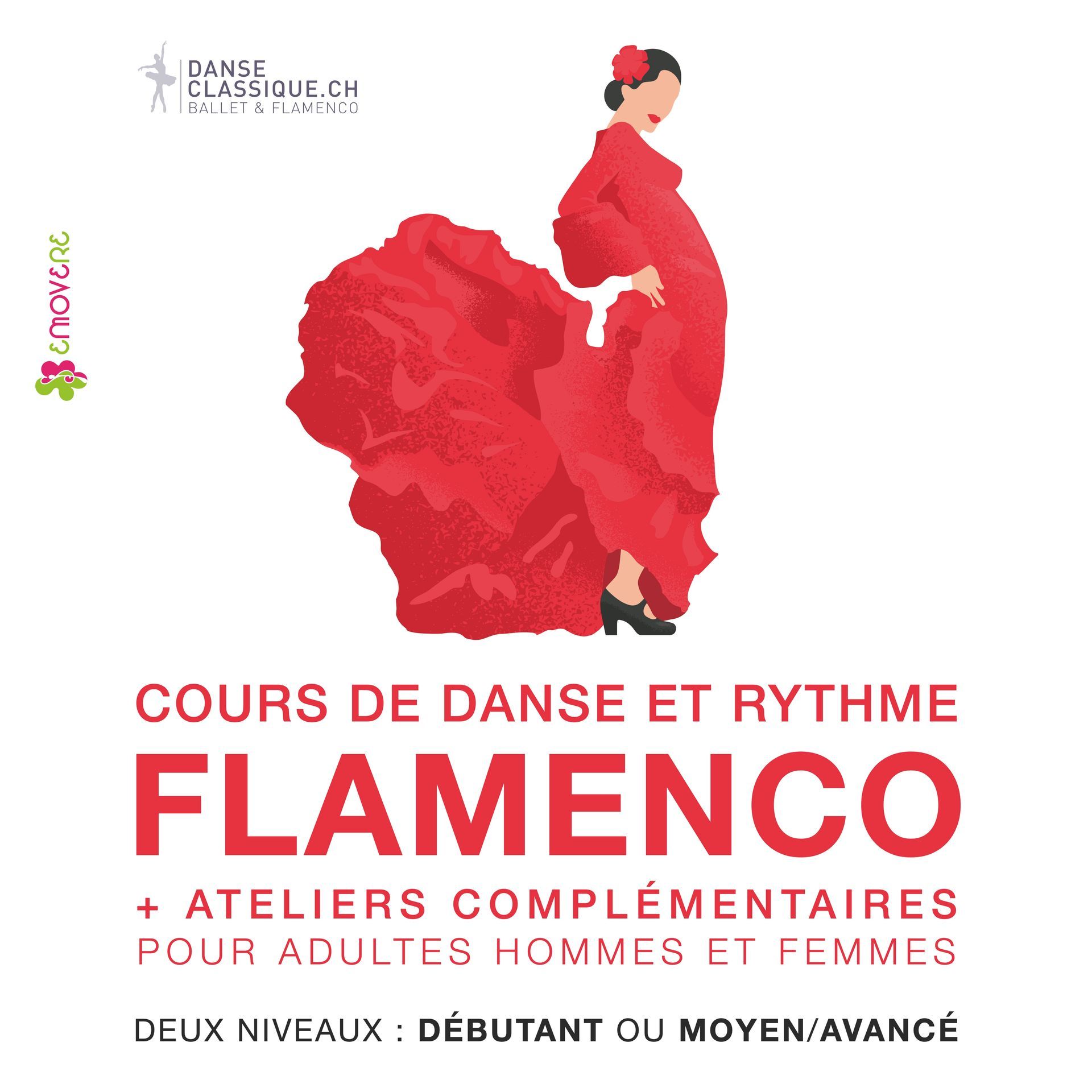 Affiche de cours de flamenco: danseuse en robe rouge, texte sur cours de danse et ateliers complémentaires.